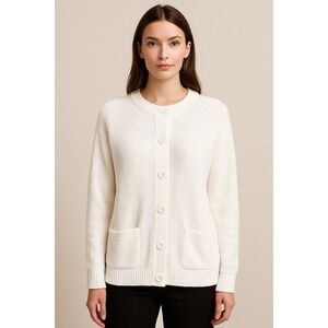 Amana Woolen Mills Women's L /XL Cardigan‎ Knit Sweater Long Sleeve White Button